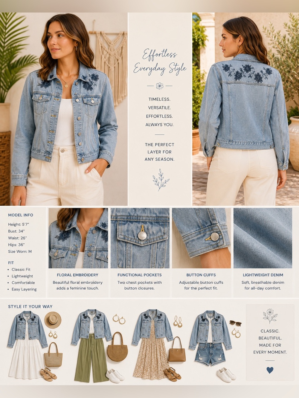 Jade & Ivory Embroidered Denim Jacket Medium Light Wash Floral Boho Jean Jacket - Picture 2 of 12